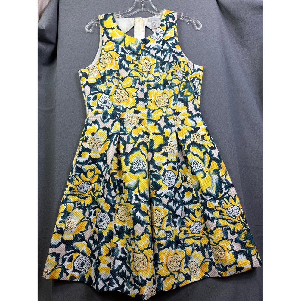 H&M Yellow Teal Floral Textured Jacquard Fit Flare Dress Back Cutout Size 12